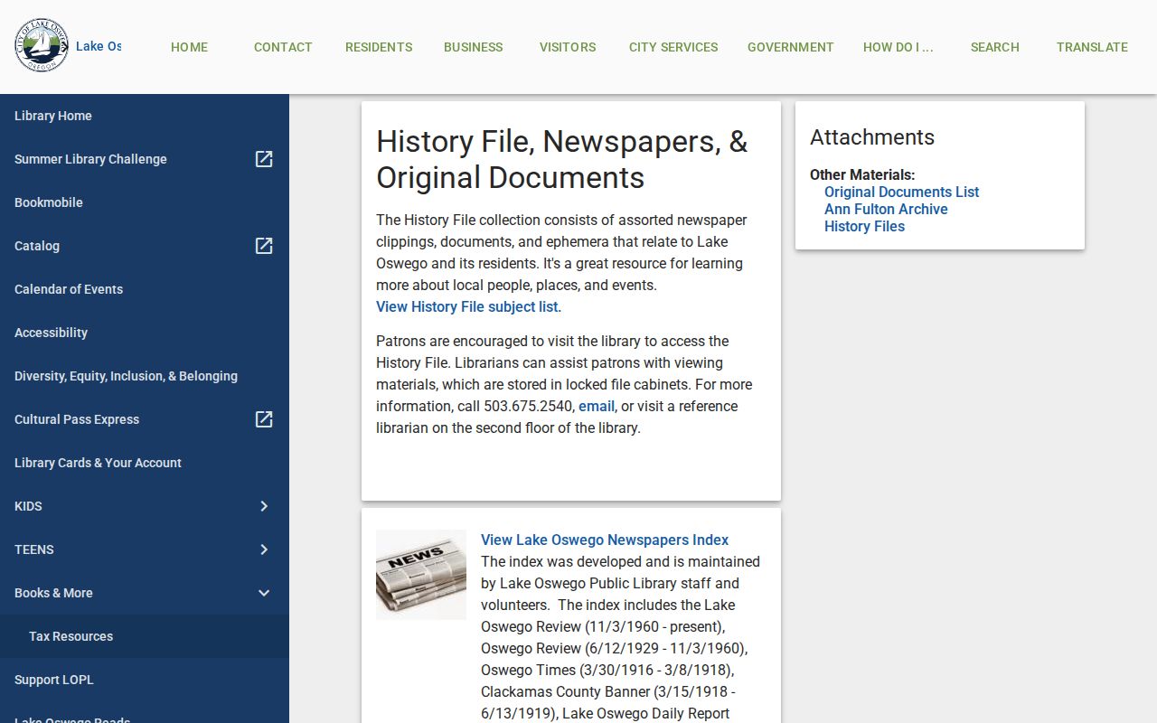 Lake Oswego previous residents house-history research at Library history files