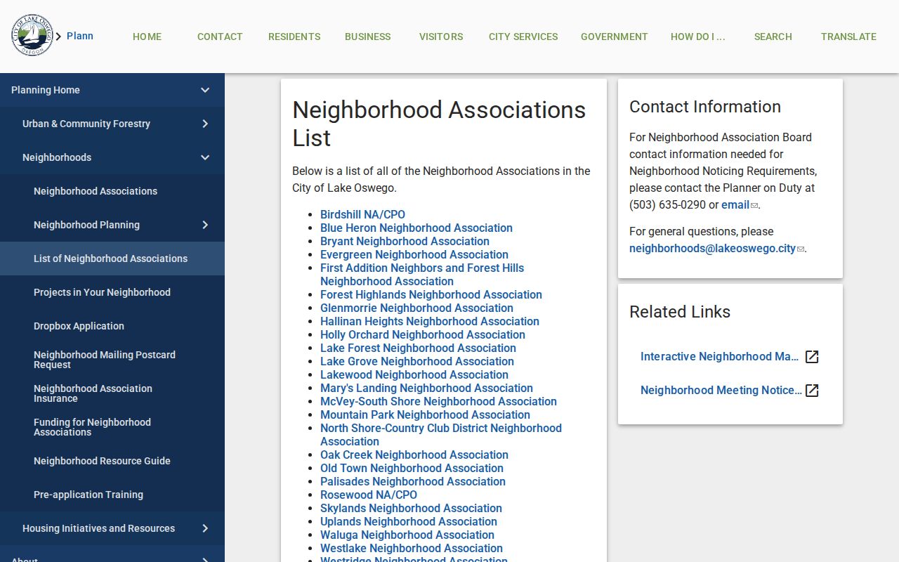 Lake Oswego neighbors civic context from the city neighborhood associations list