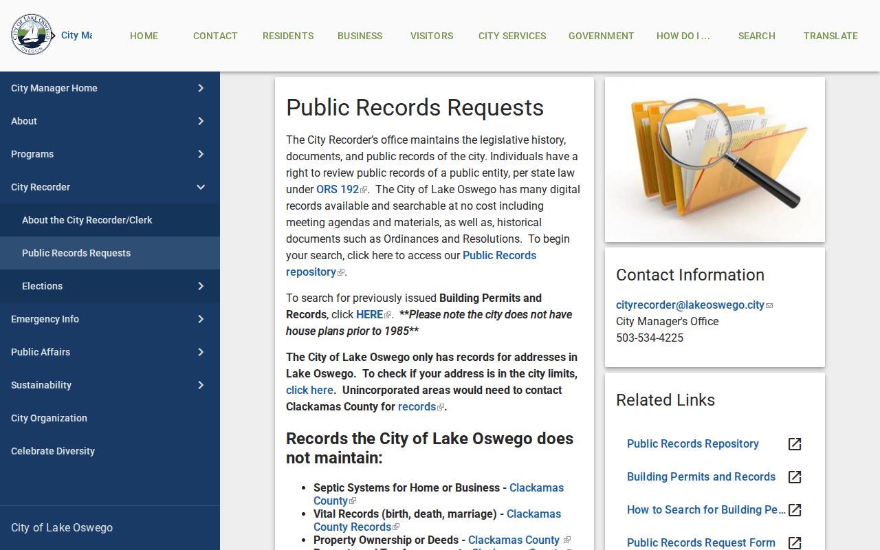 Lake Oswego residents directory City public records request page