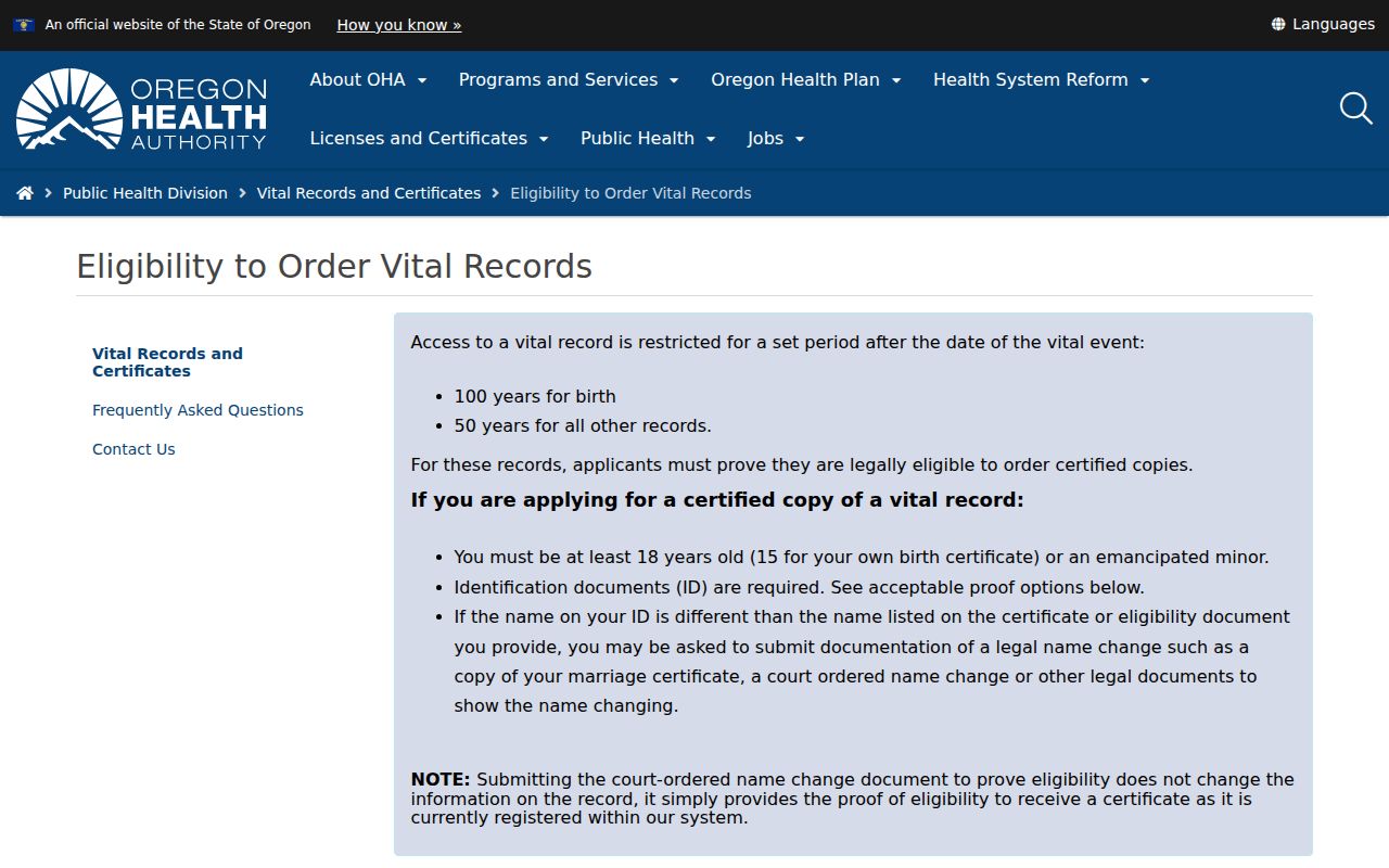 Lake Oswego resident lookup review of Oregon vital record eligibility rules