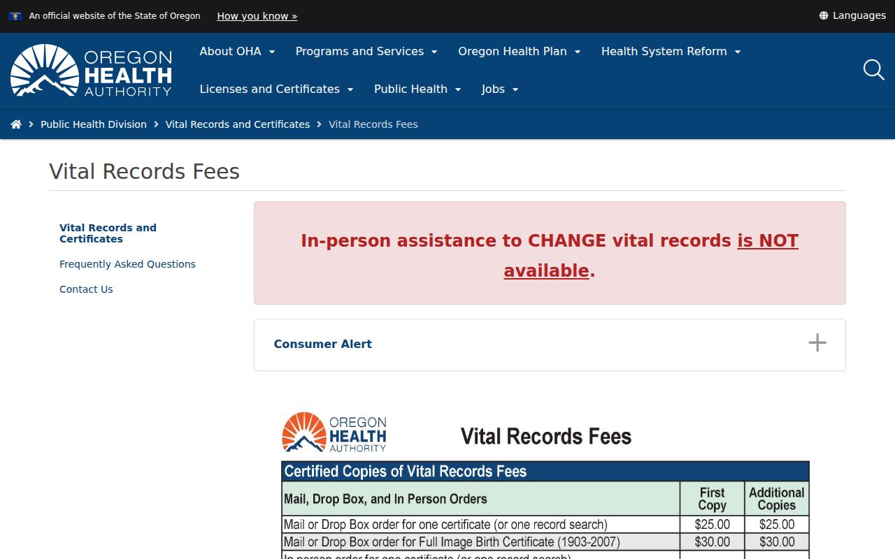 Lake Oswego resident lookup reference for Oregon vital record fees and ordering channels